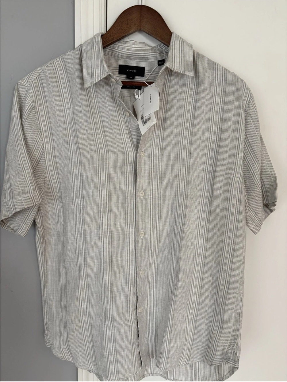 Vince Short-Sleeve Button-Down Striped Shirt — Light Gray & White